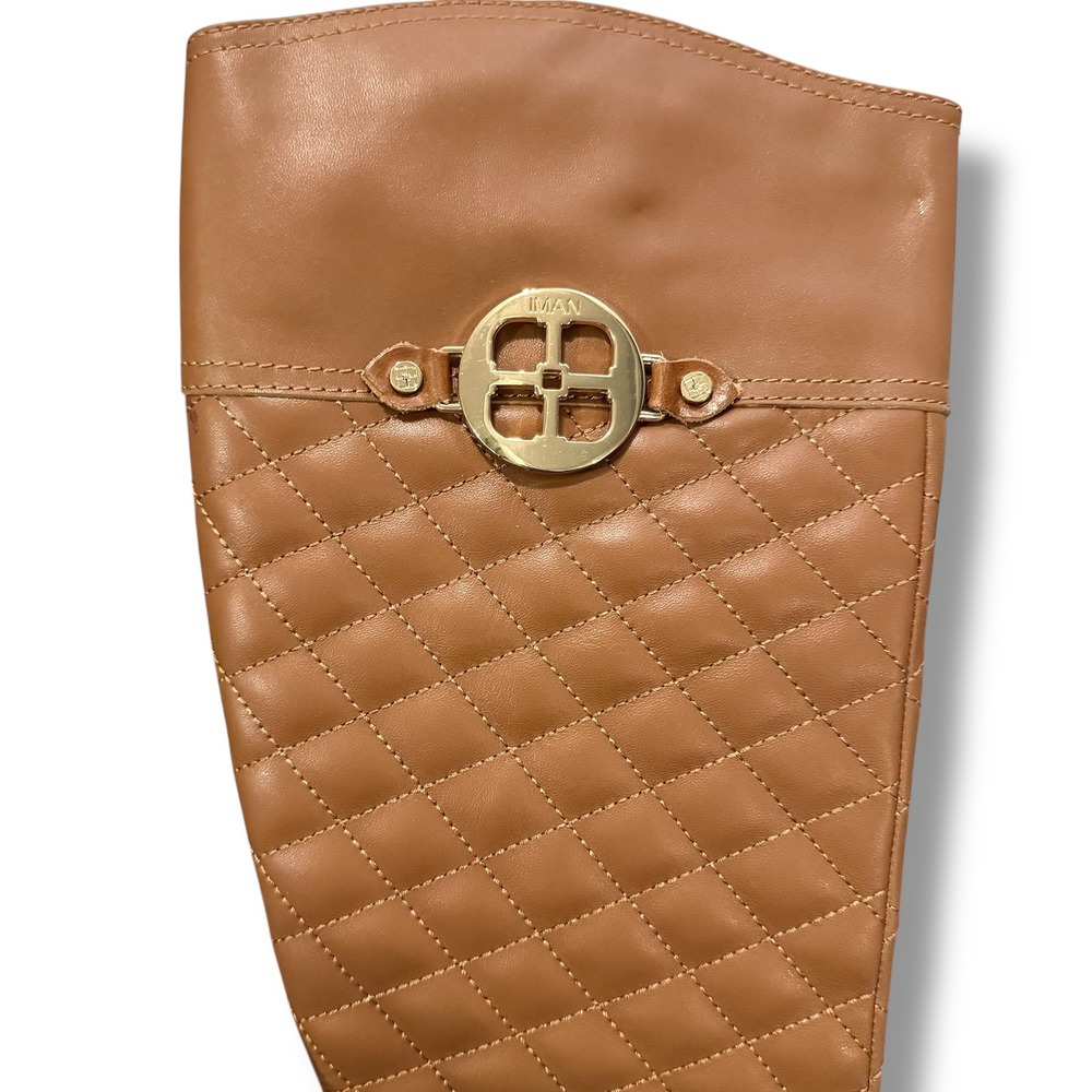 IMAN Women's quilted tan brown Leather Upper Riding Boots Size 7.5 - Picture 10 of 12